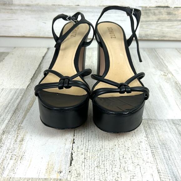 SCHUTZ Women’s 11 Kelsie Black Leather Platform Strappy Block Heel Sandals - Picture 5 of 10